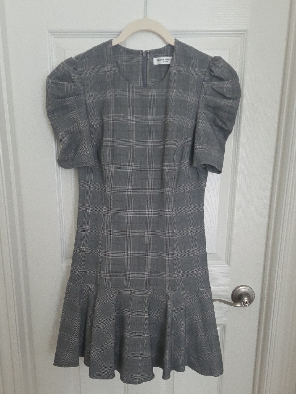Amanda Uprichard Gray Plaid Puff-Sleeve Mini Dress. Size S.
